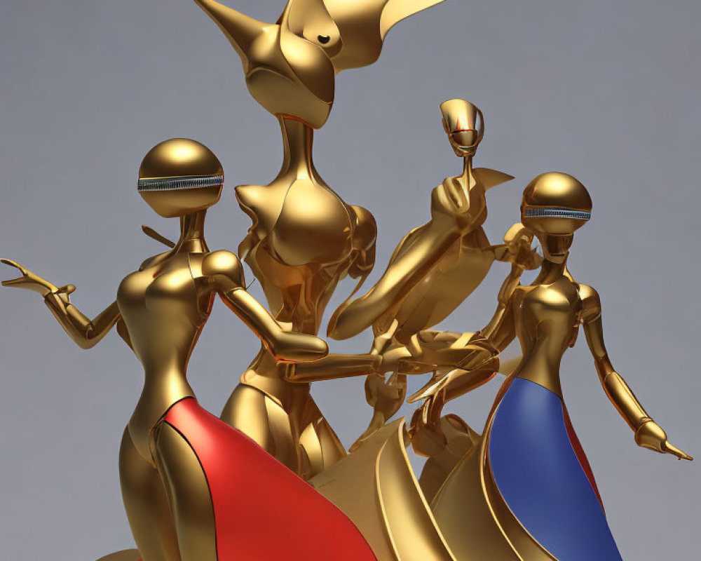 Three golden stylized figures in futuristic attire against a simple background