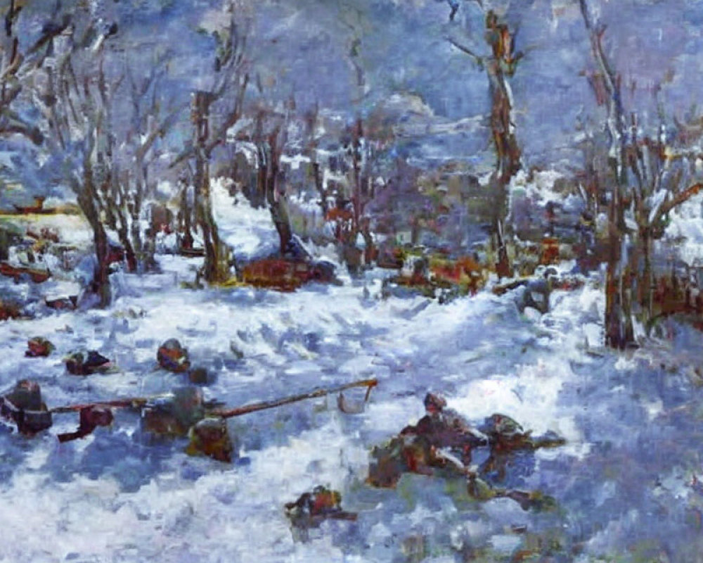 Winter Landscape Painting with Bare Trees, Snow, Wheelbarrow, and Tools