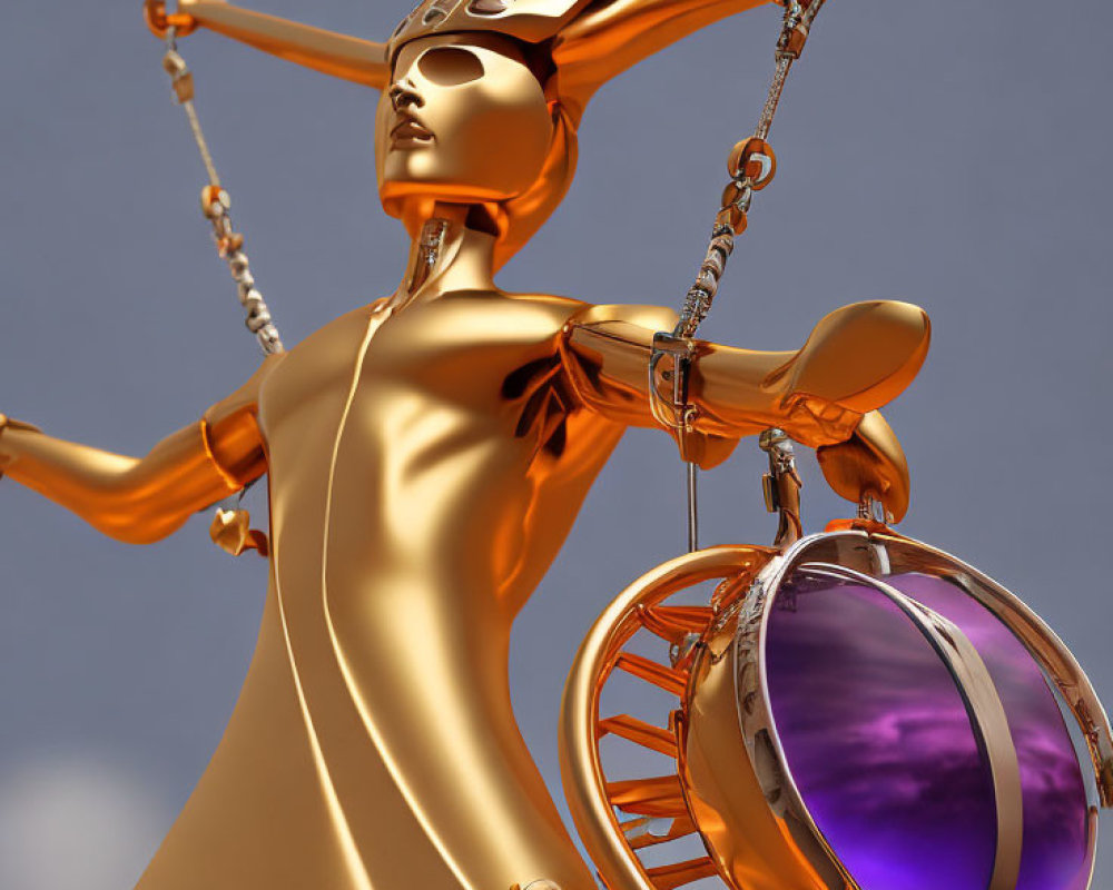 Golden Lady Justice Statue with Sword and Scales on Plain Background