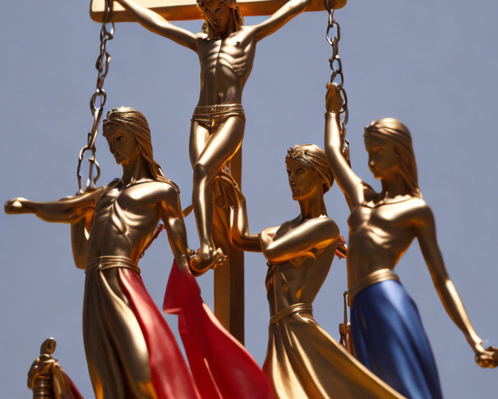 Golden Jesus statue on cross with four figures in flowing robes under clear blue sky