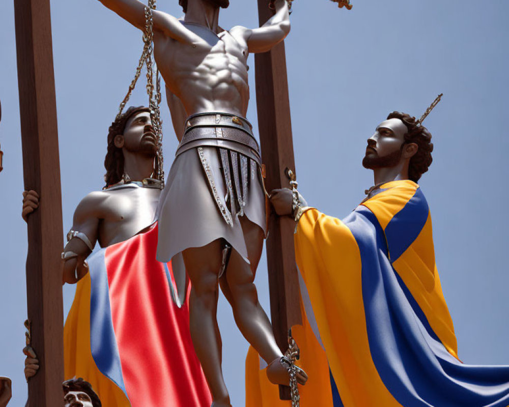 Sculpture of Crucifixion Scene with Period Figures and Blue Sky