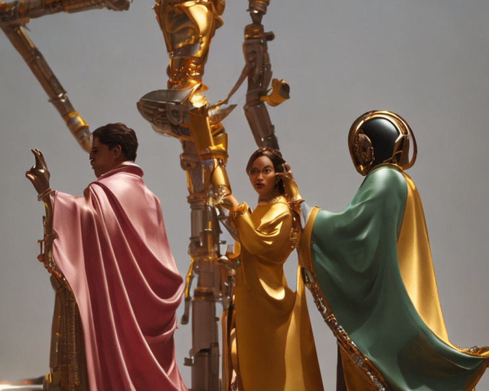 Three individuals in metallic cloaks with robotic arms in futuristic setting