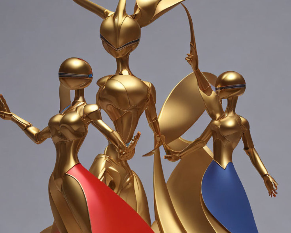 Golden humanoid figures in red and blue capes on gray background