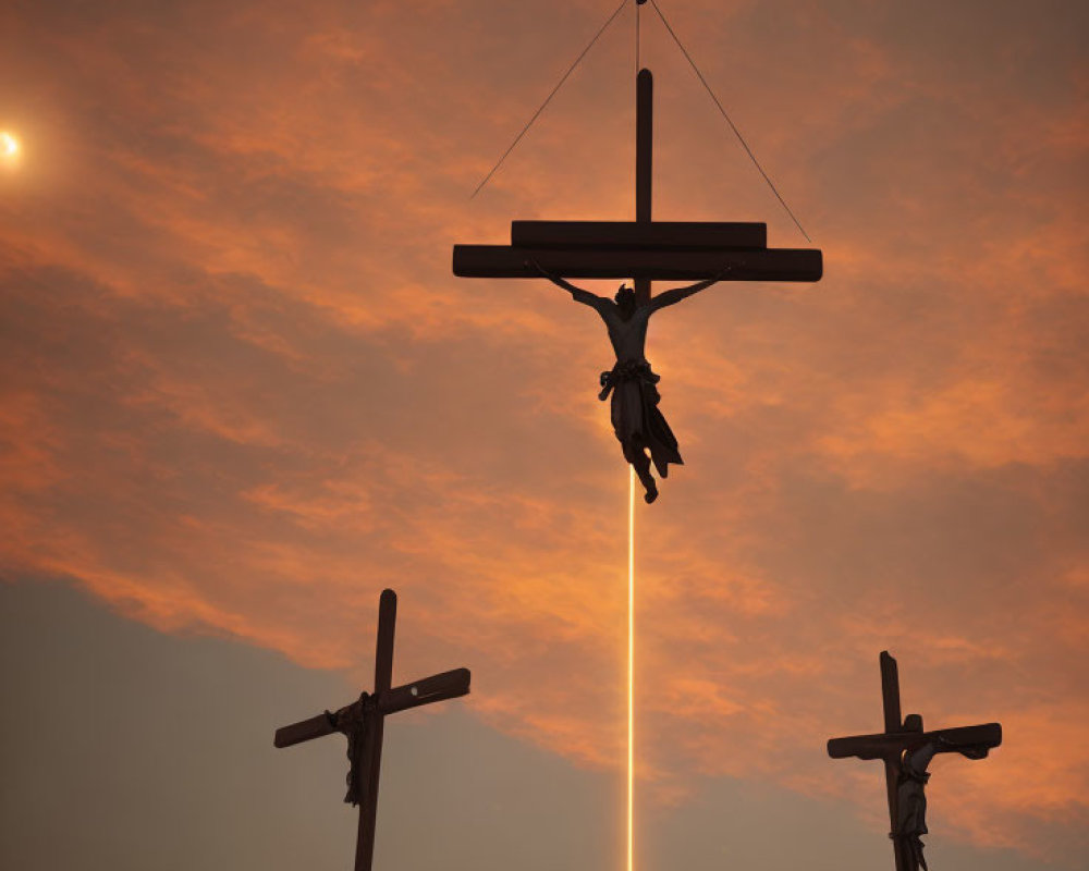 Three Crosses Silhouetted Against Orange Sky