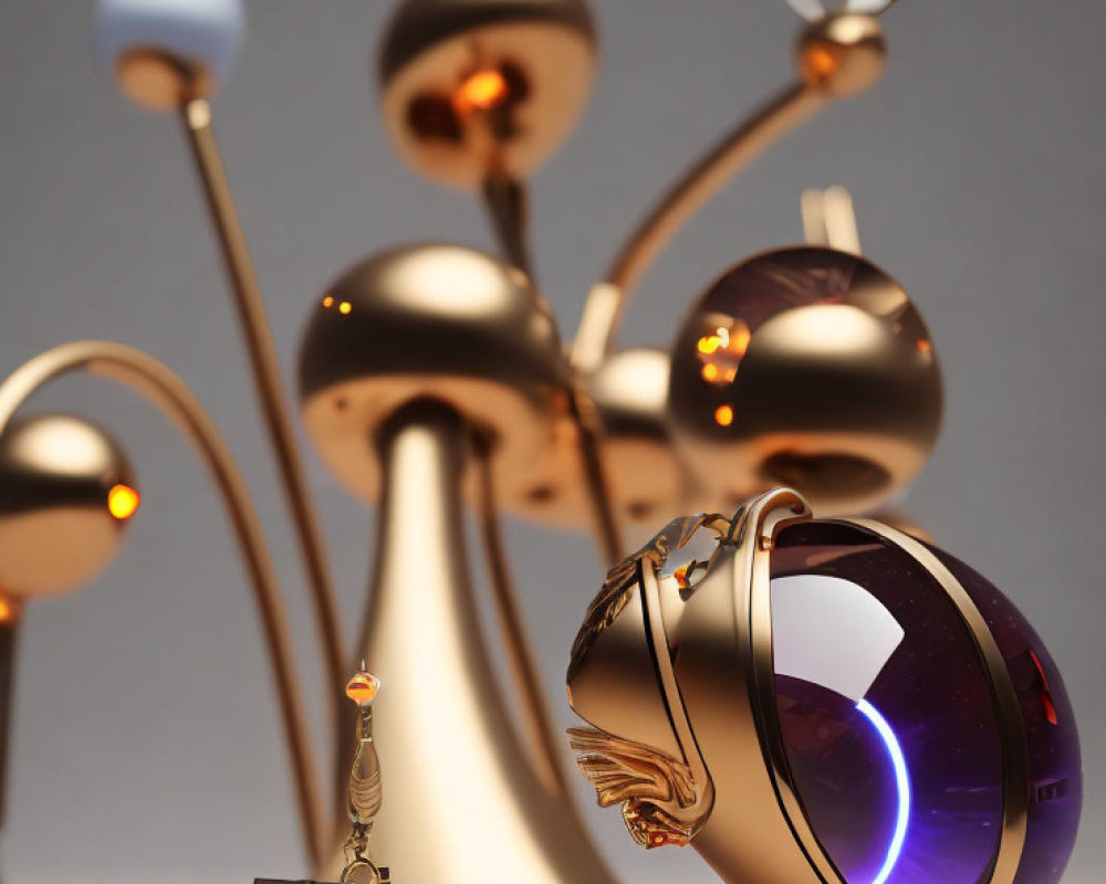 Golden futuristic sculpture with spheres, rings, and bell-shaped element in purple light