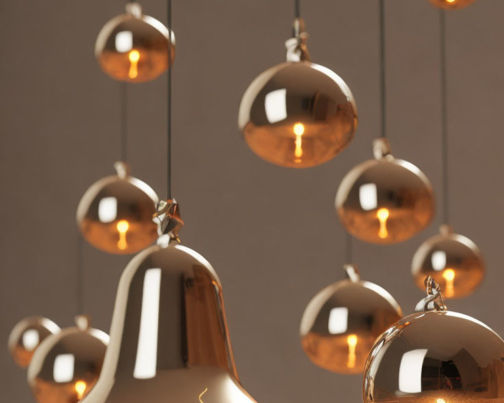 Modern interior design with glossy golden bell and hanging spherical ornaments on muted background