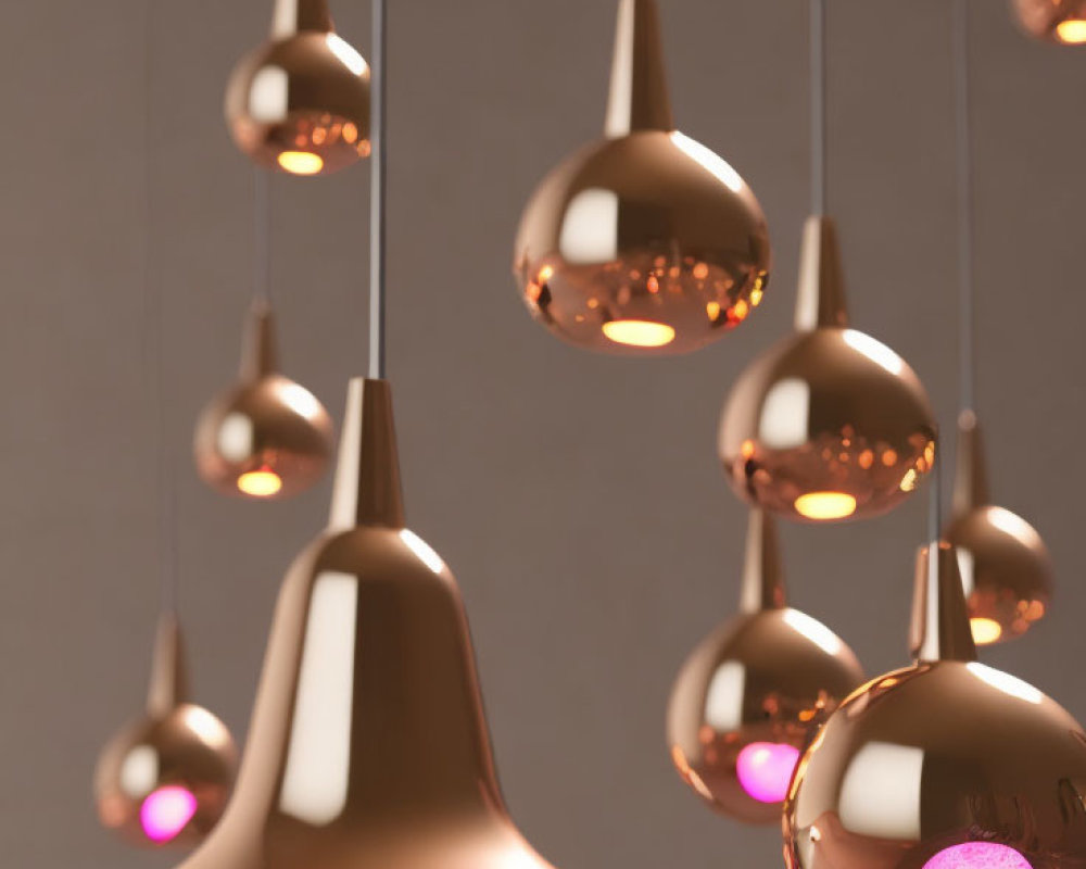 Modern Copper Pendant Lights with Glossy Finish and Soft Pink Glow Against Muted Background