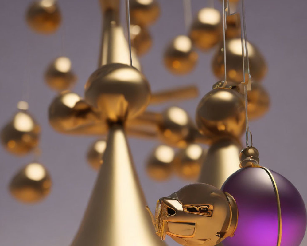 Modern mobile with golden and purple hanging spheres in warm light on muted background