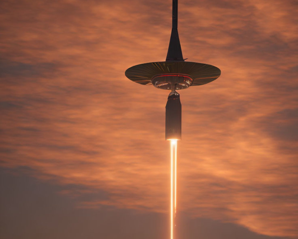 Rocket launching against orange sky with textured clouds