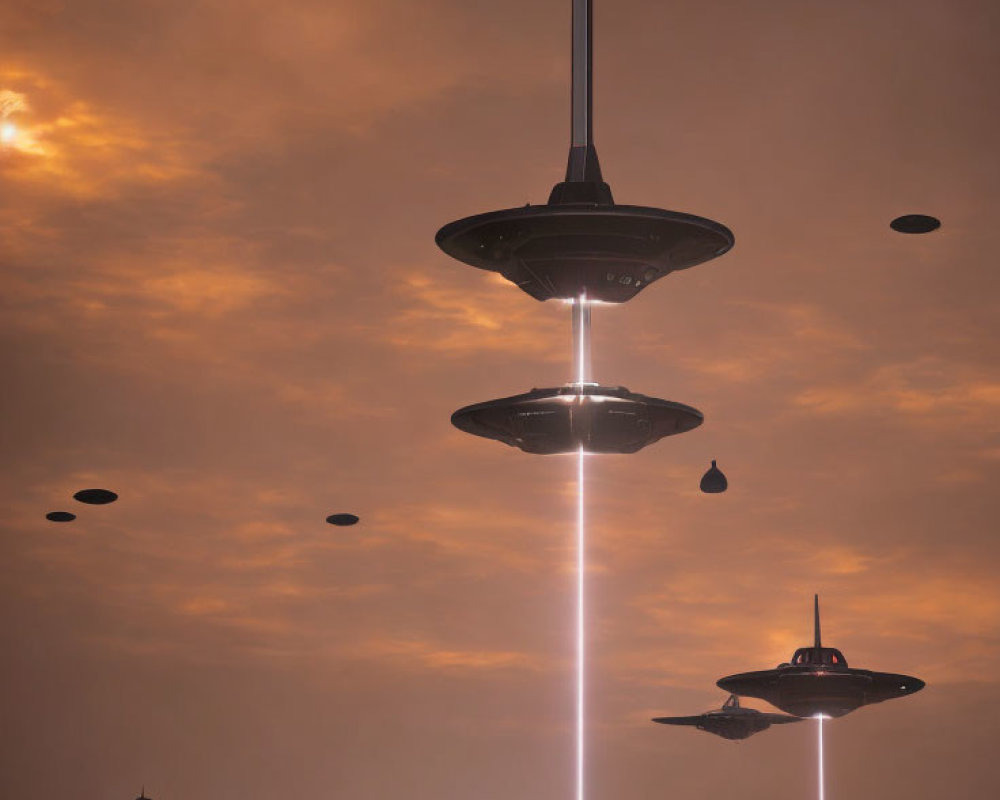 Mysterious UFOs with Glowing Underlights in Dramatic Sky