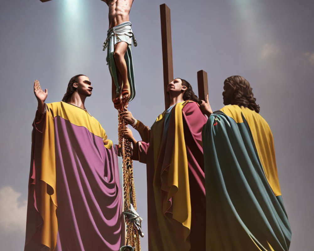 Three robed figures observe crucified person under cloudy sky with shining light rays