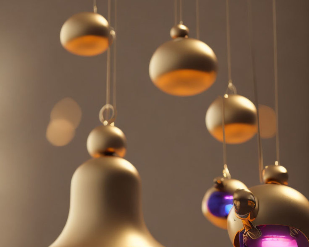 Gold and Purple Light Spherical and Bell-Shaped Pendants for Modern Interior