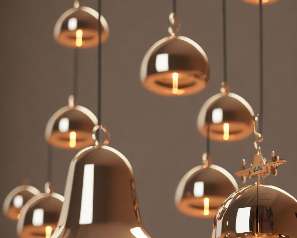 Contemporary room with golden bell-shaped pendant lights