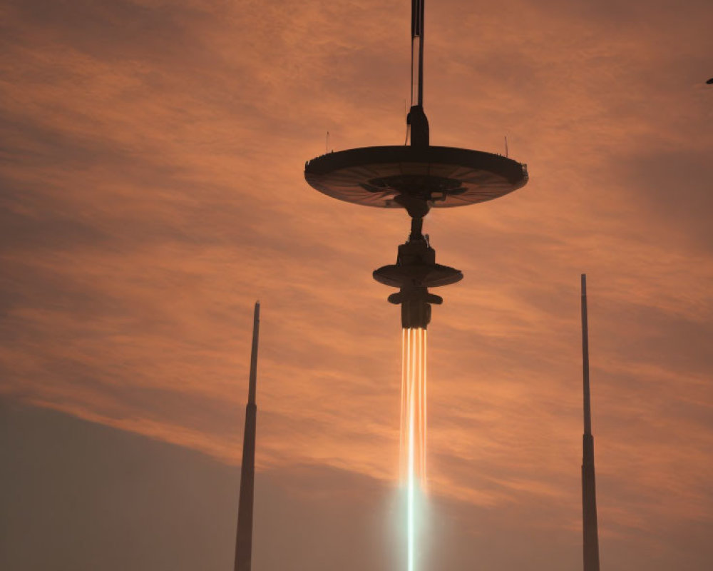 Futuristic cityscape at sunset with towering structure and bright beam of light