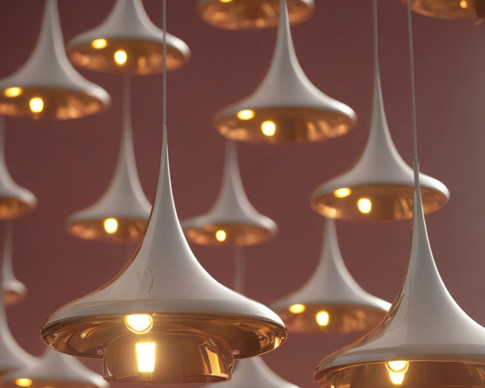 Sleek teardrop pendant lights emit warm glow in red ambiance