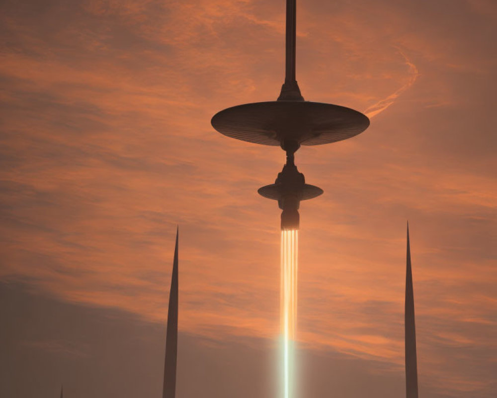 Futuristic cityscape with tall spires and central tower under hazy orange sky