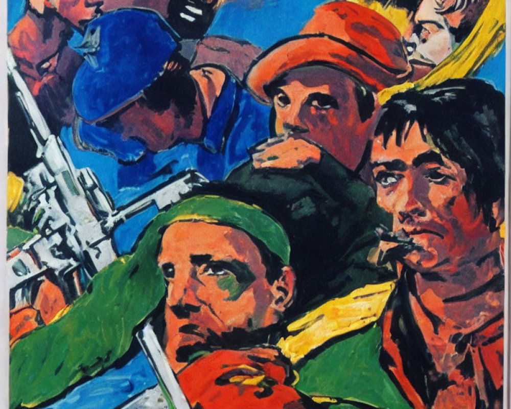 Colorful Expressionist Painting of Group in Uniforms