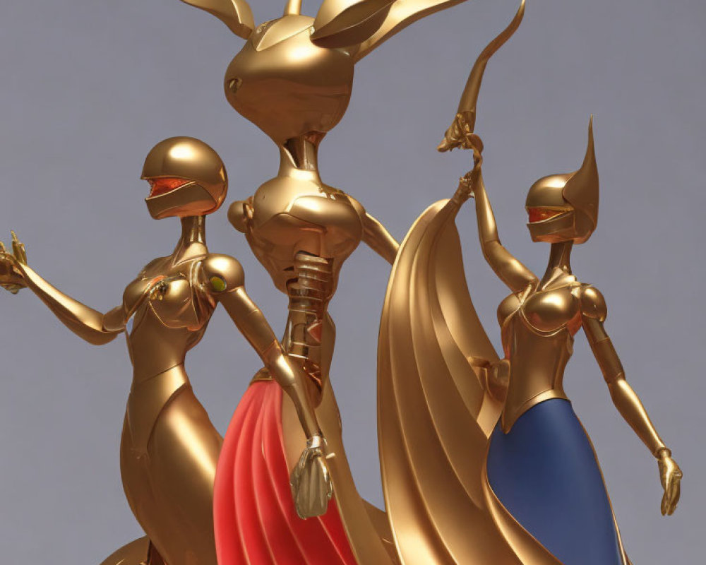 Golden statues with sleek design and dynamic poses, center figure in split red and blue cape.