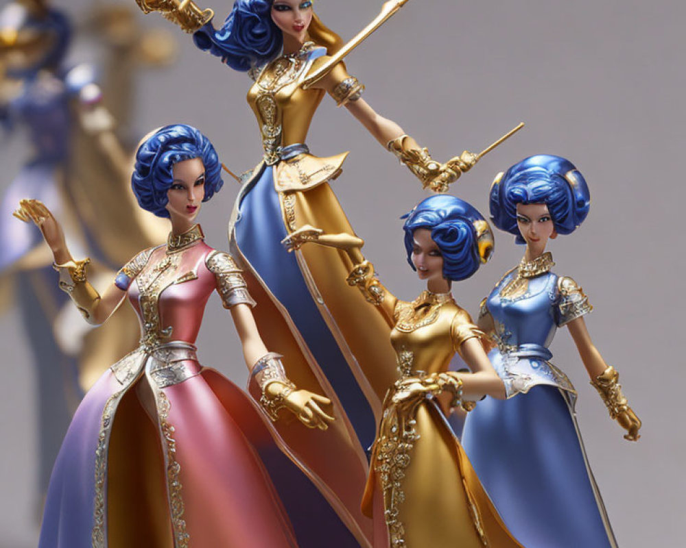 Four Elegant Figurines in Regal Blue and Gold Costumes Holding Scepters