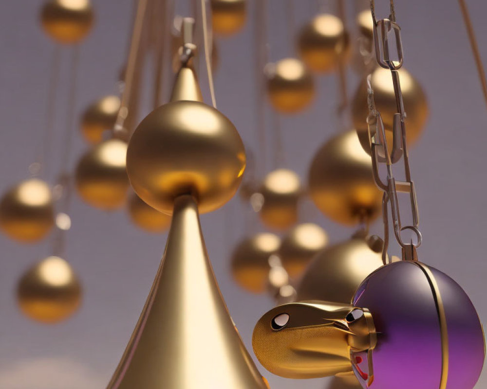 Golden Bells and Spheres on Chains Against Creamy Background