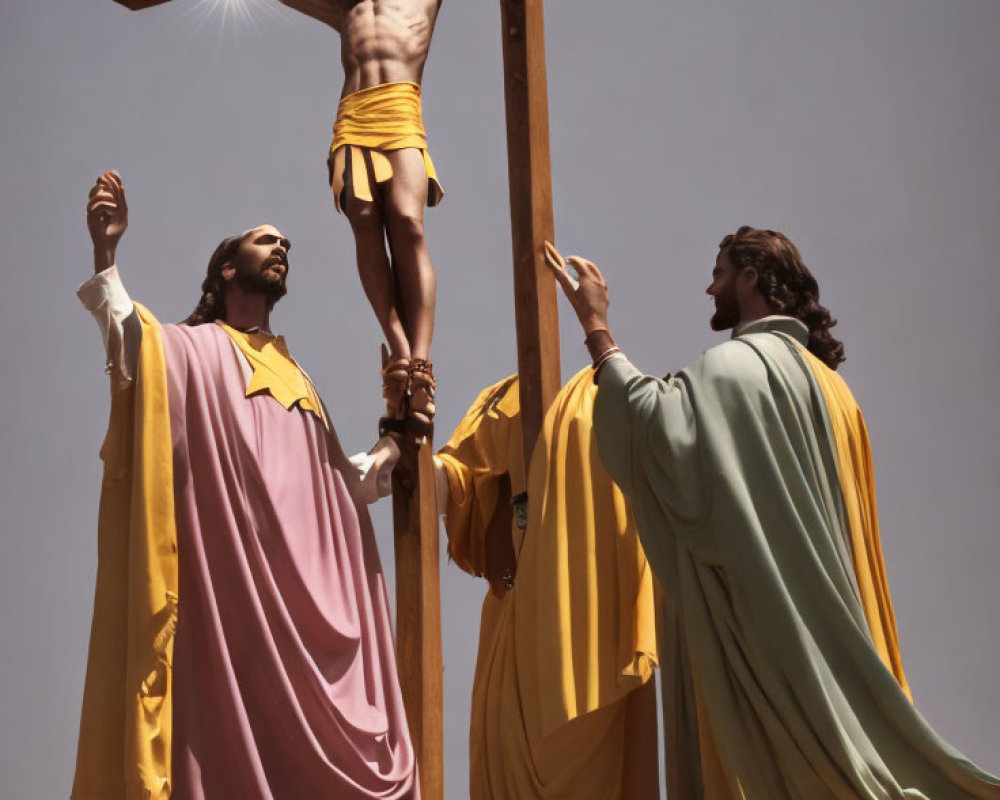 Three individuals in biblical scene with one on cross and two in robes.