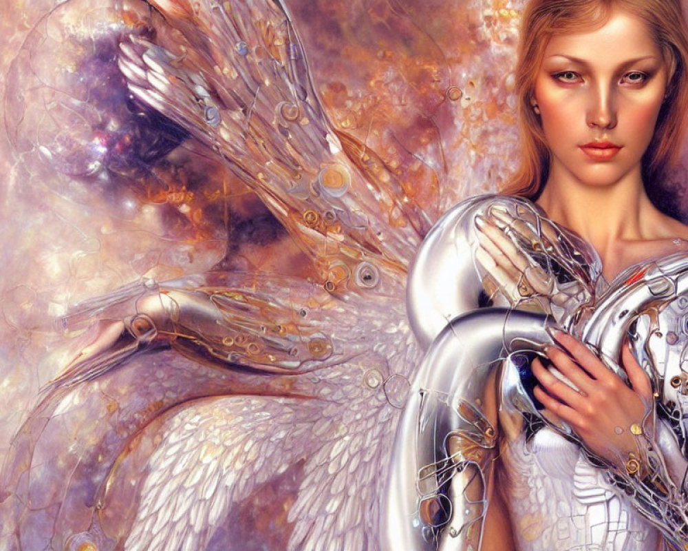 Female Figure with Mechanical Arms and White Wings in Cosmic Setting