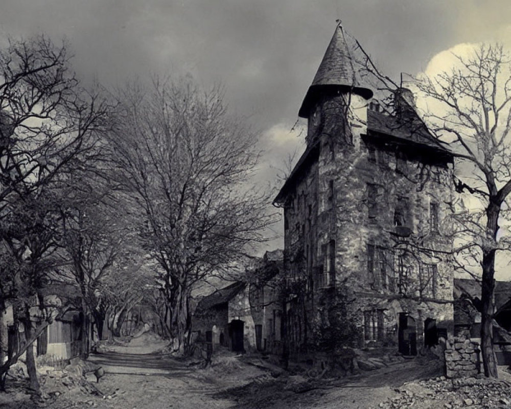 Vintage black and white photo of desolate street with bare trees and aged stone building