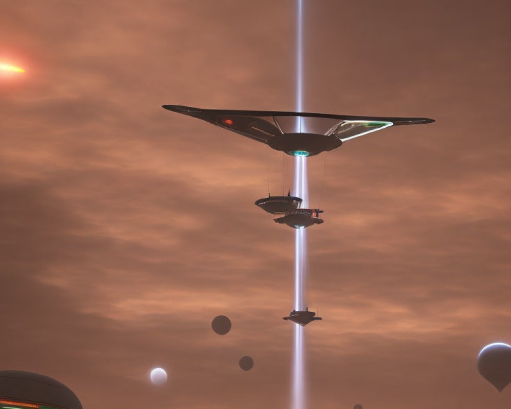 Futuristic spacecraft emitting light in orange sky with floating structures