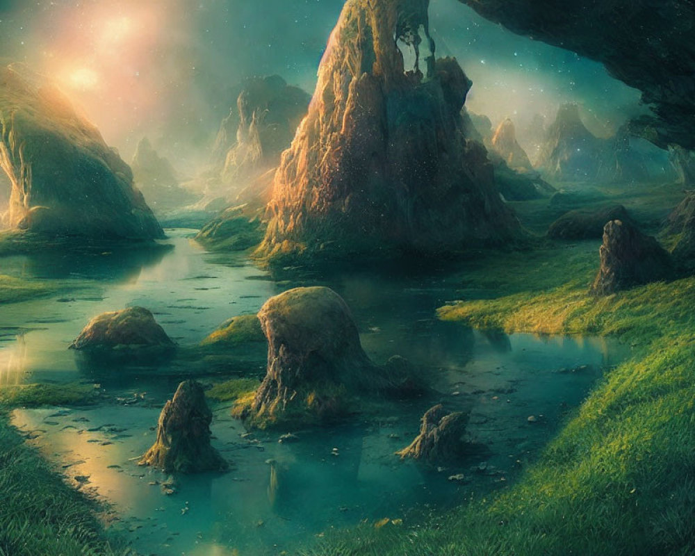 Mystical landscape with towering rock formations and serene river