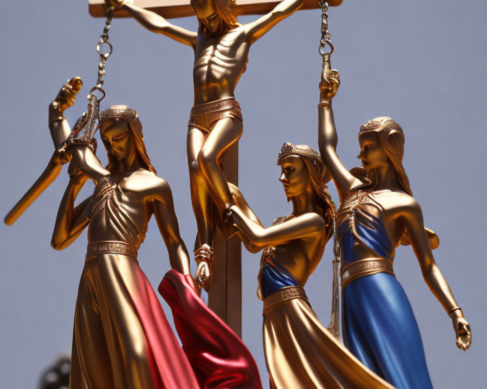 Four Women Statues Holding Cross with Jesus Christ Figure Under Clear Sky