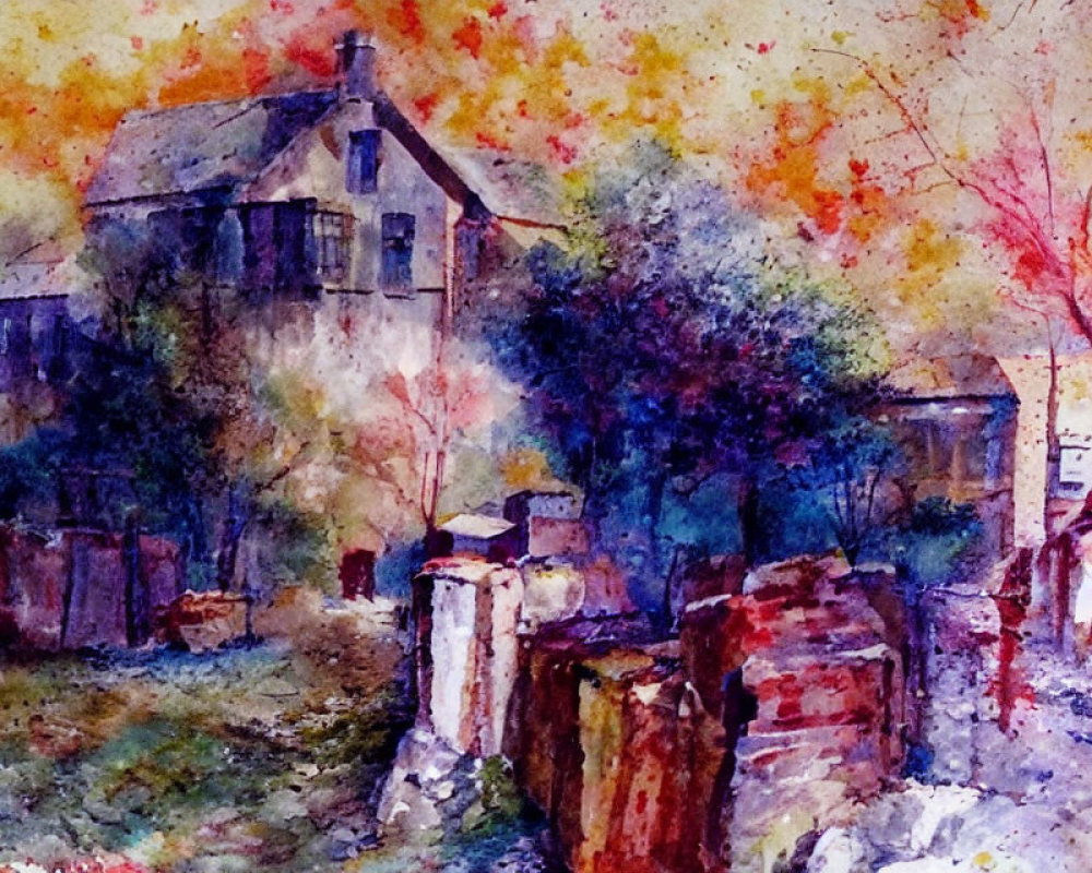 Vibrant watercolor painting of rustic house and autumn trees