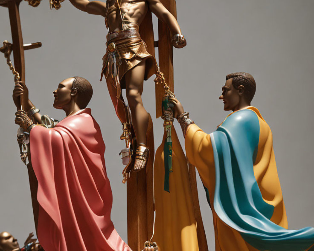 Colorful Crucifixion Statues with Two Figures in Robes