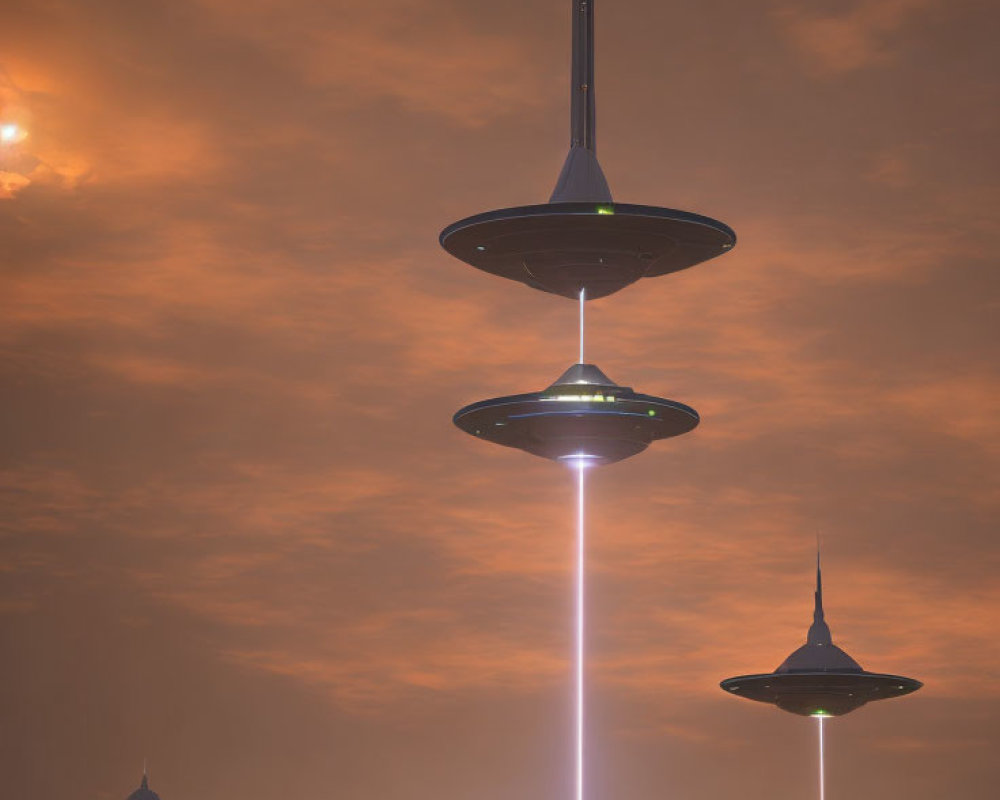 Four UFOs with Light Beams in Cloudy Dusk Sky