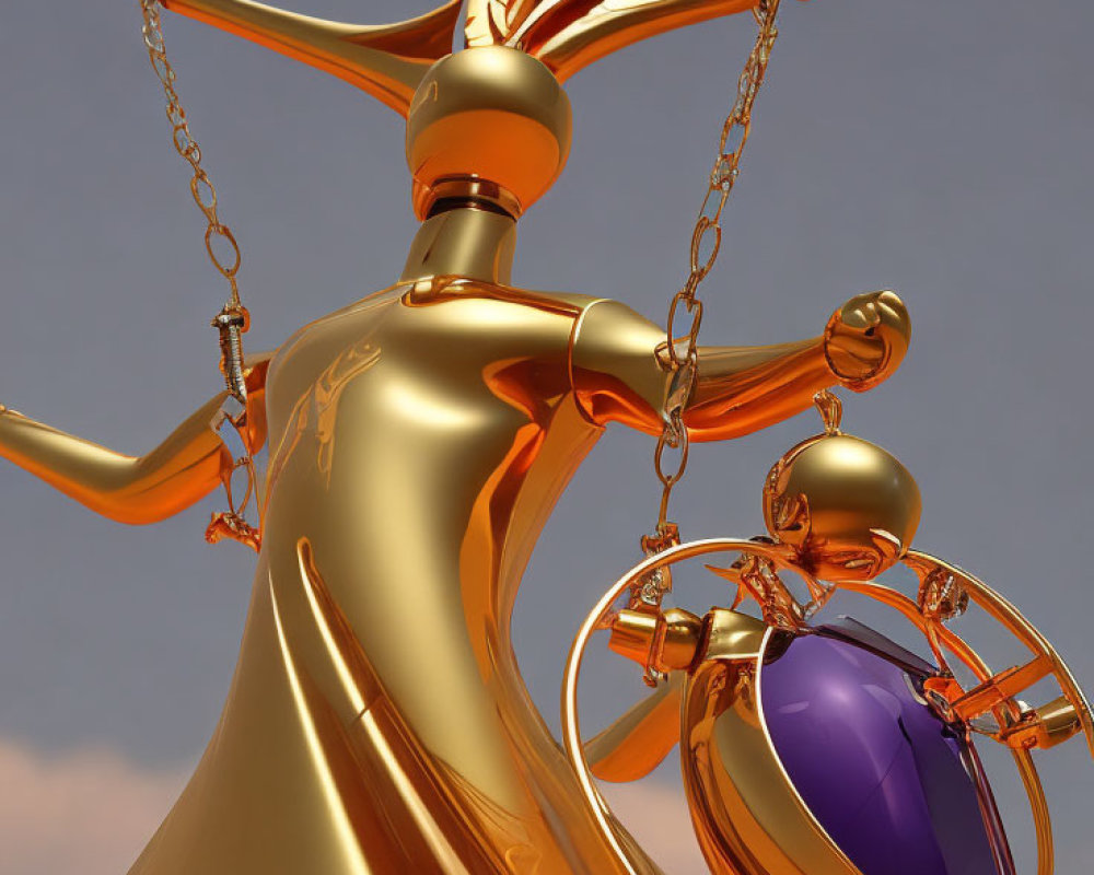 Golden humanoid figure holding balanced scale with purple and golden spheres