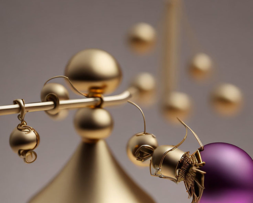 Close-up of balance scale with golden and purple spheres on one side, tipping against neutral background