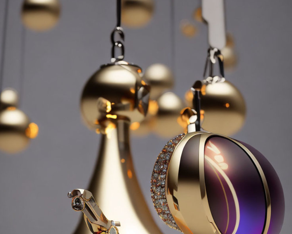 Luxurious Golden Bells and Baubles with Purple Sheen and Jeweled Detail