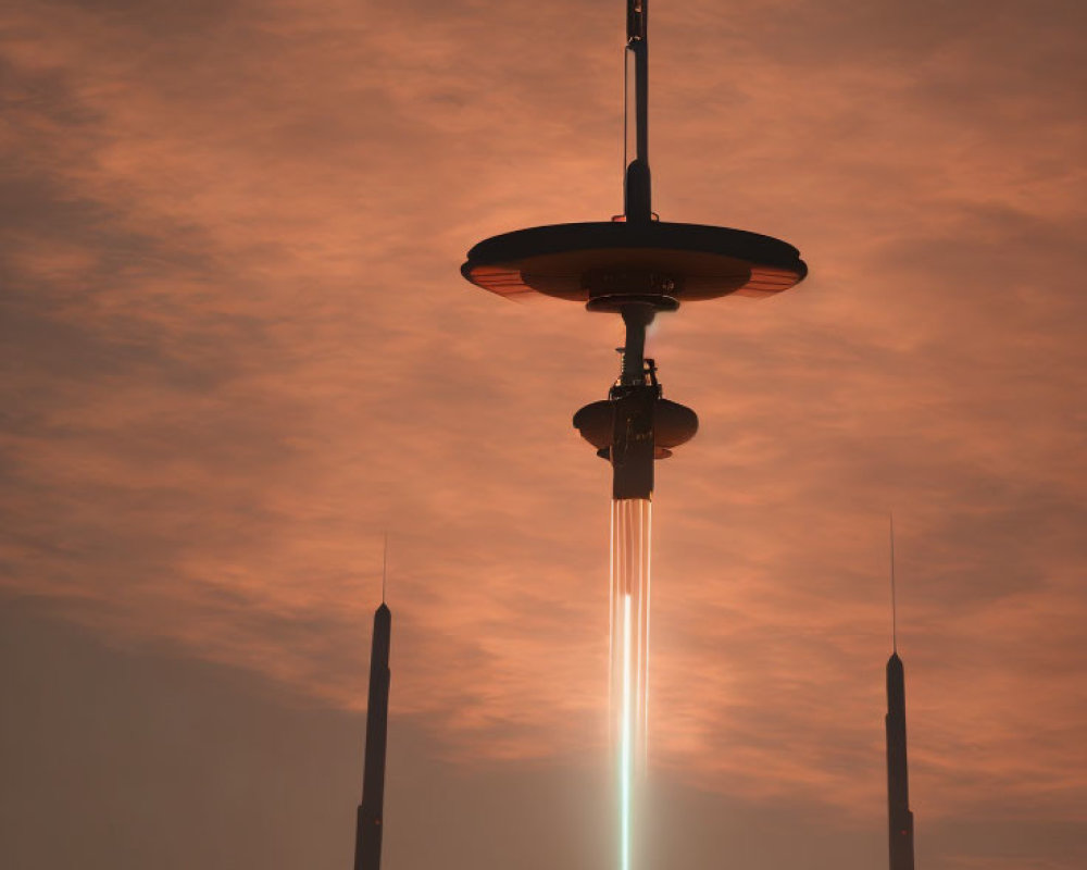 Rocket Launch with Fiery Trail in Orange Dusk Sky