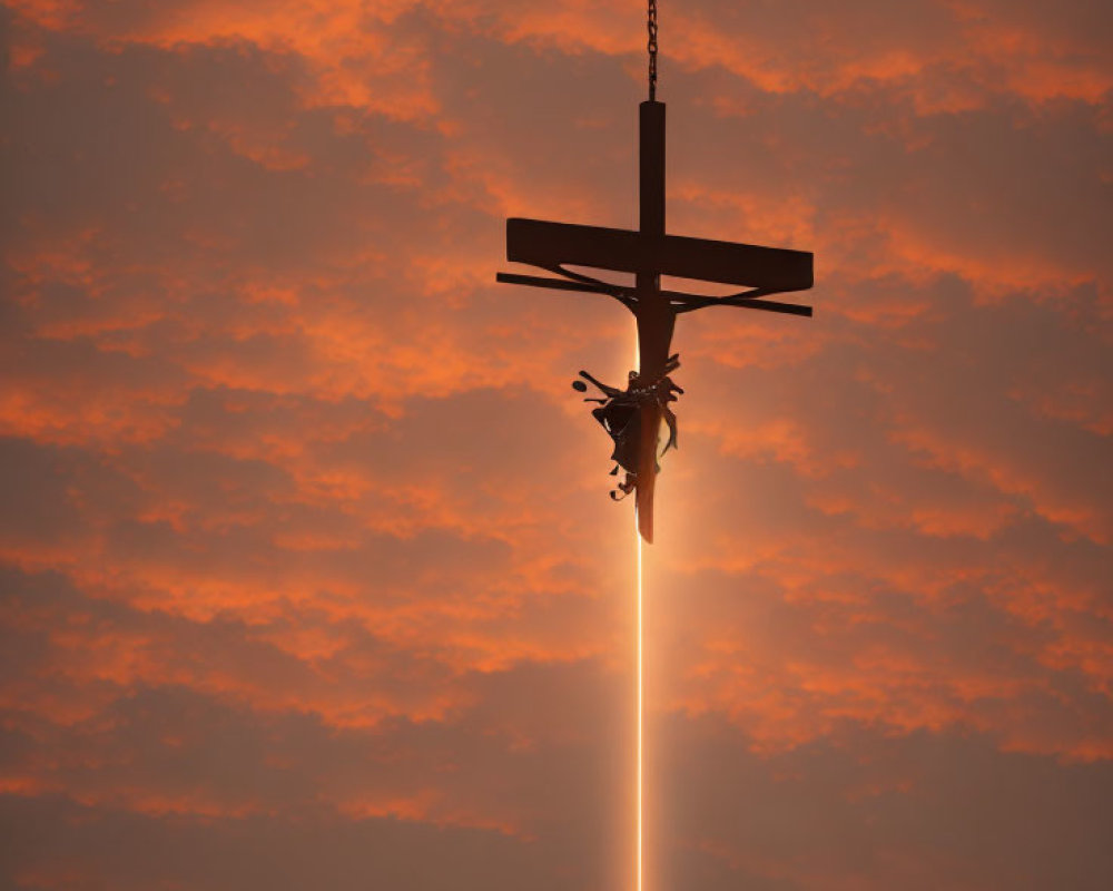 Silhouette of suspended plane in vibrant orange sky with sunbeam