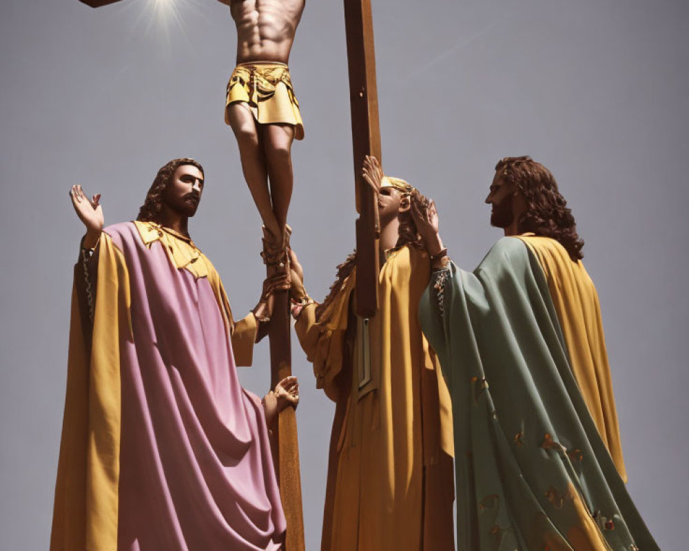 Religious scene: Jesus statue on cross with disciples in colorful robes