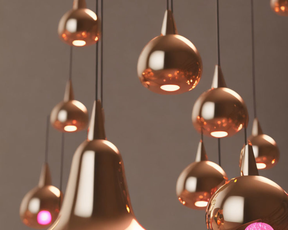 Reflective modern copper pendant lights emitting soft pink glow at different heights