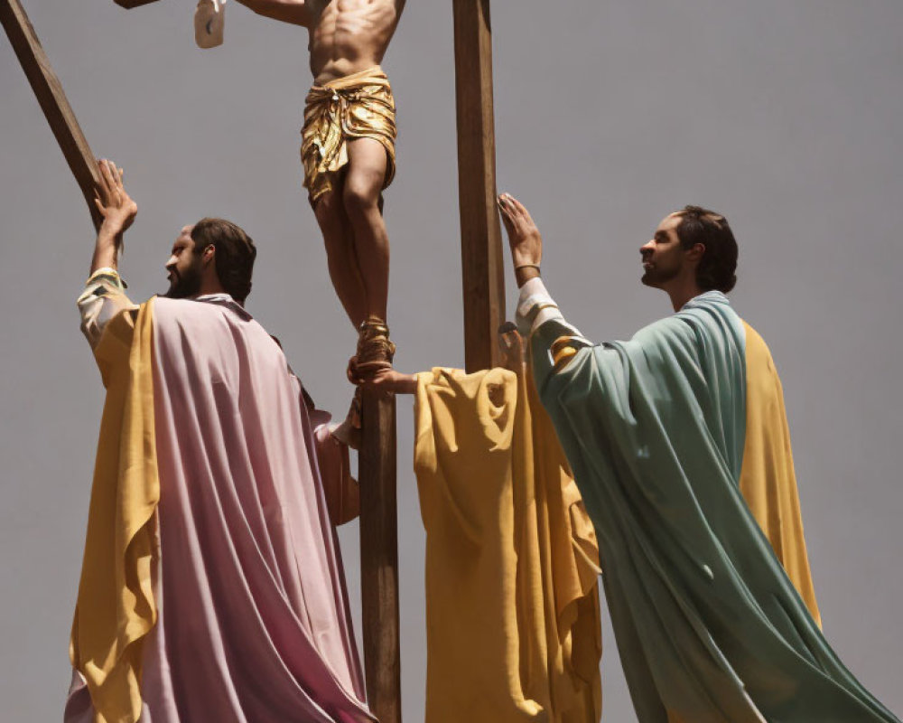 Historical clothing: Three individuals in biblical crucifixion scene