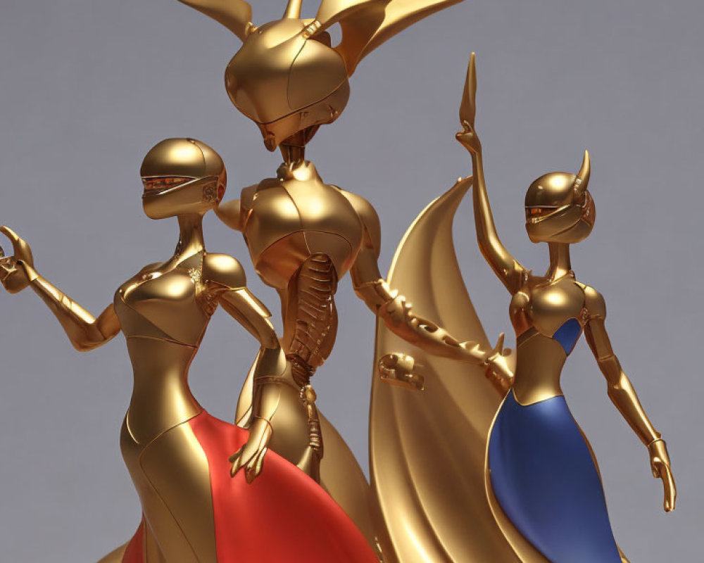 Stylized golden figures in dynamic poses on tan background