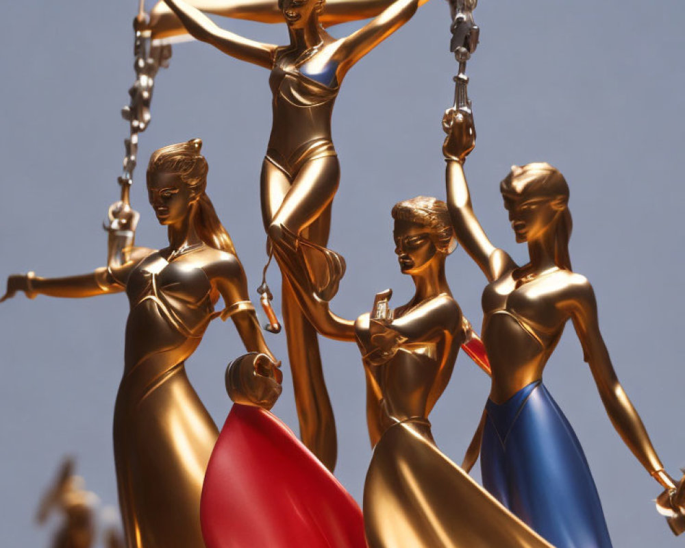 Golden statues of female figures symbolizing justice with scales and colored drapes on blue background