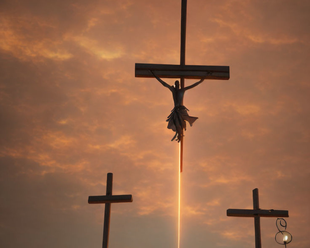 Religious painting of three crosses in an orange sky with central cross depicting Jesus.