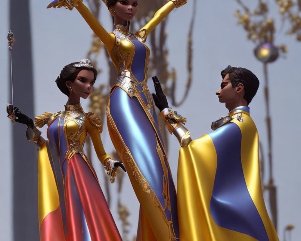 Regal medieval figures in blue and gold costumes with commanding stances