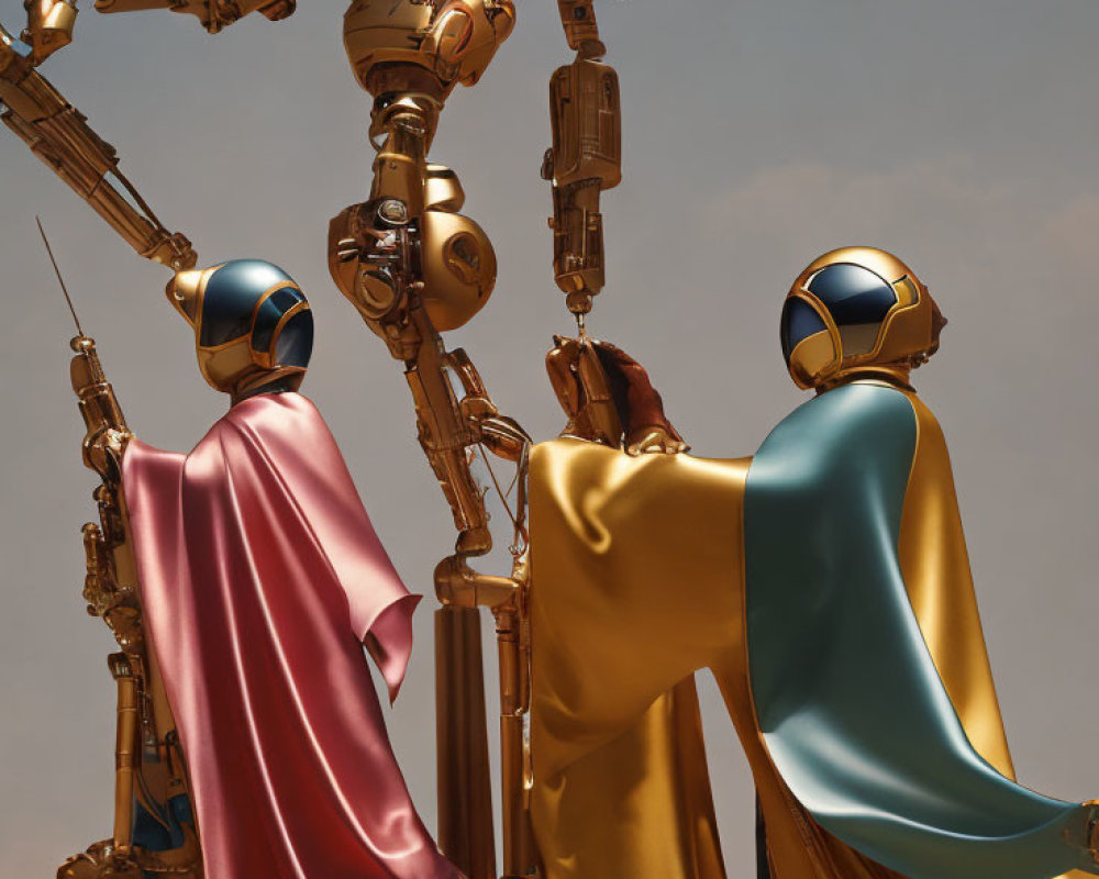 Luxurious Pink and Gold Cloaked Futuristic Robots Under Warm Sky