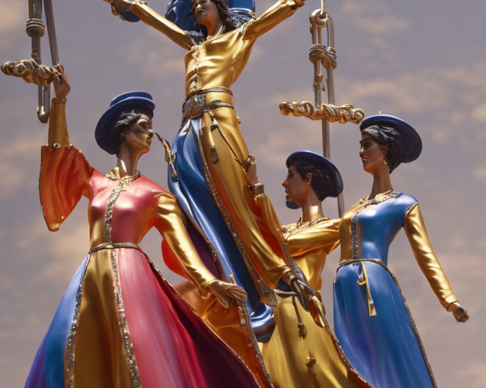 Three Women Statues with Swords in Flowing Dresses under Blue Sky