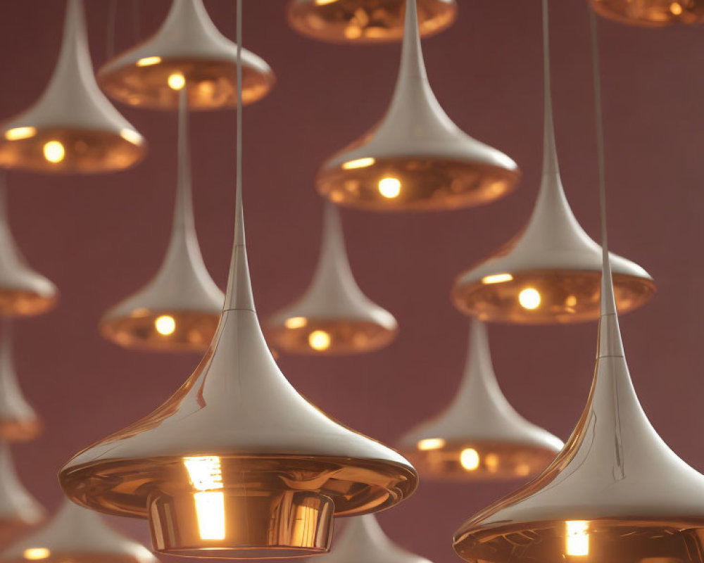 Modern pendant lights in inverted cone shape with copper finish on soft red backdrop