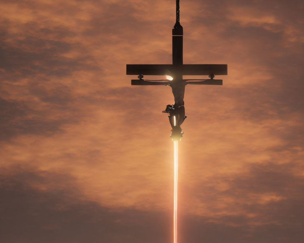 Rocket launch at sunset with crucifix silhouette: dramatic and symbolic composition