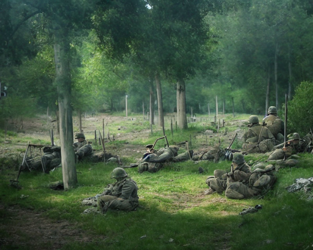 Camouflaged soldiers with weapons in forested environment
